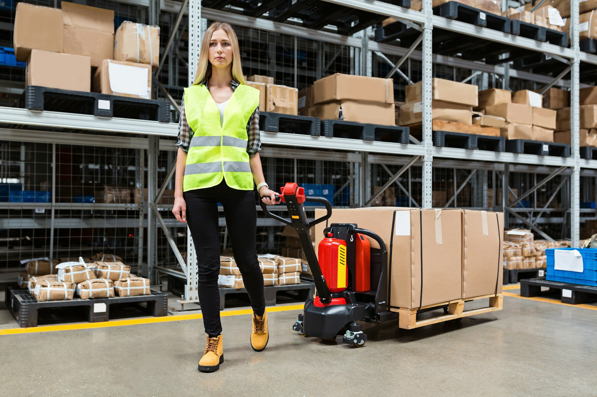 Warehouse worker dragging hand pallet truck or manual forklift with the shipment pallet unloading